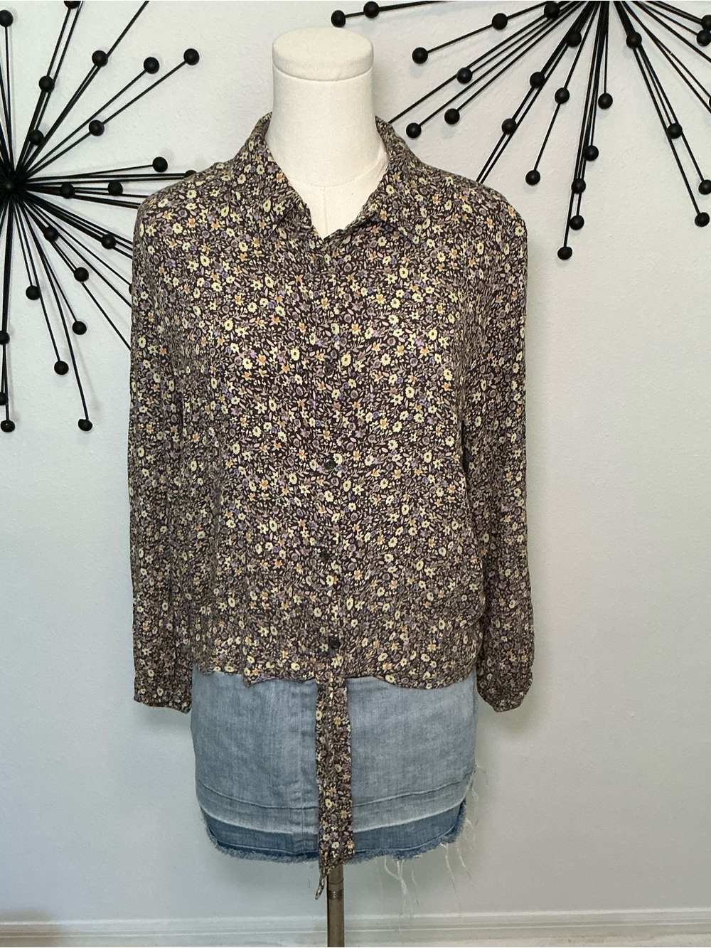LC Lauren Conrad Floral Tie Front Blouse XL Long Sleeve Cottagecore